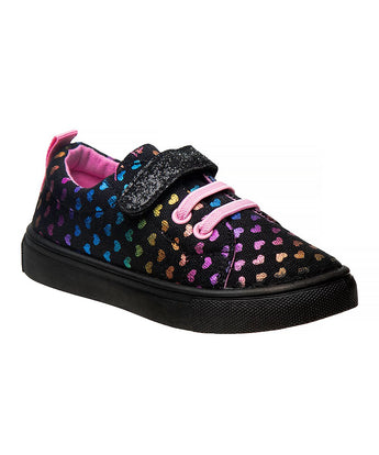 Black & Multicolor Heart Sneaker - Girls
